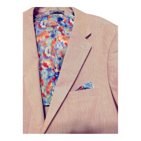 Alan Flusser 44L Striped Seersucker Blazer Floral Pocket Square Single-Breasted - Picture 3 of 4